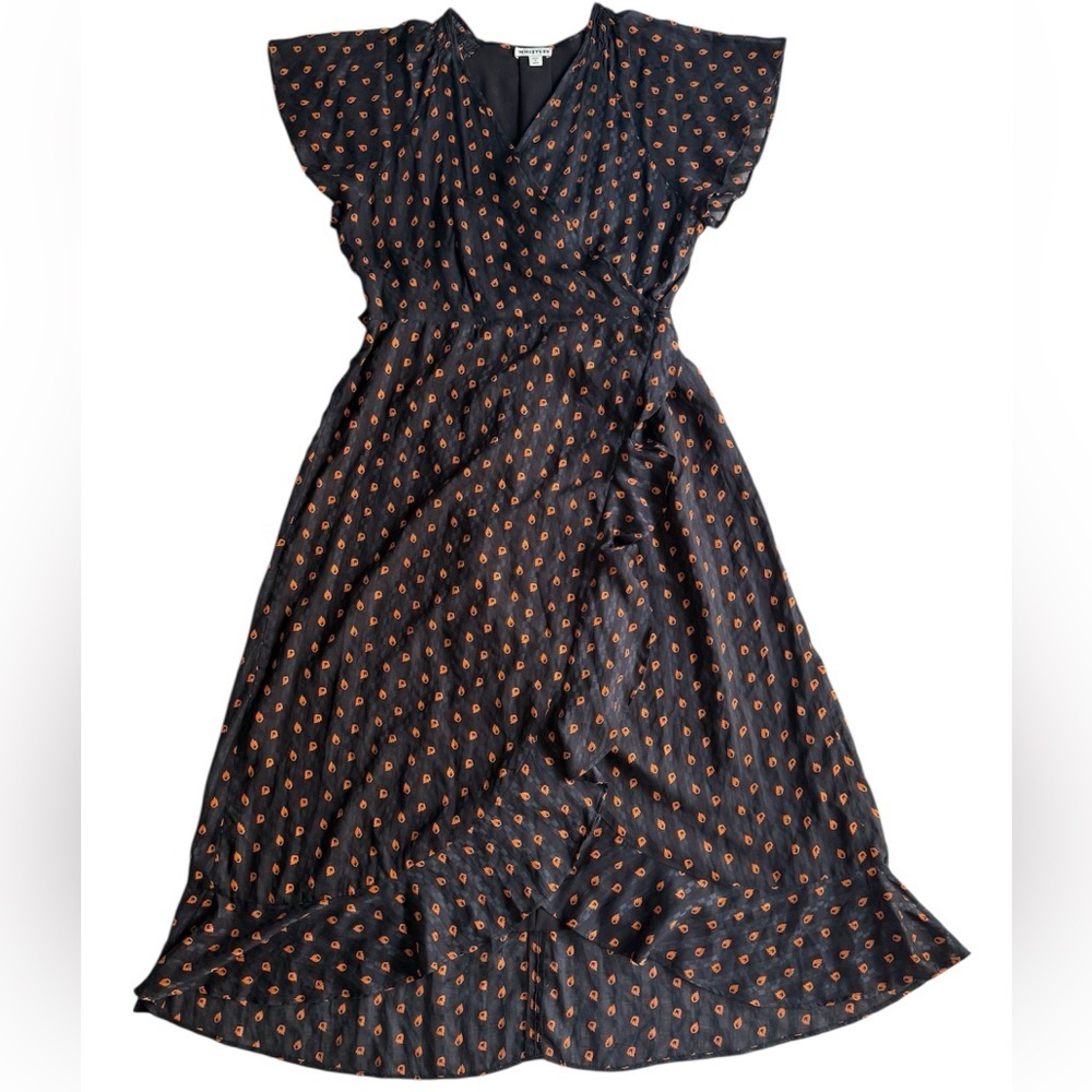 Whistles Navy Scattered Leaf Wrap‎ Midi Dress Sz 10 Workwear Preppy Dressy Party - Picture 2 of 15